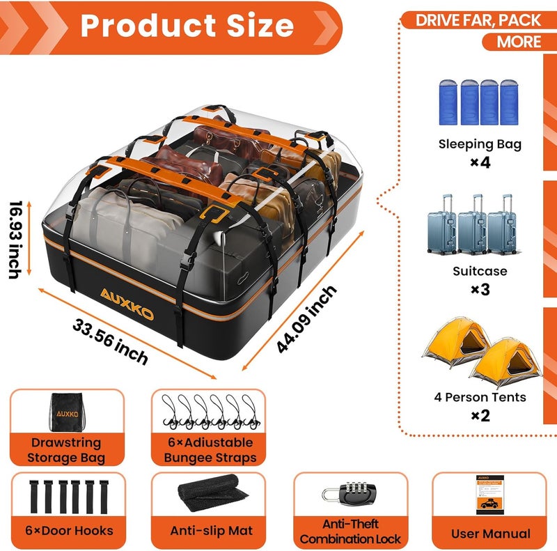 AUXKO 15 Cu.Ft Waterproof Rooftop Cargo Carrier for Cars/SUVs/Trucks, Foldable Soft Shell Roof Bag with Night-Reflective Strip, 6 Adjustable Bungee Straps & Door Hooks, Combination Lock, Anti-Slip Mat - Image 3